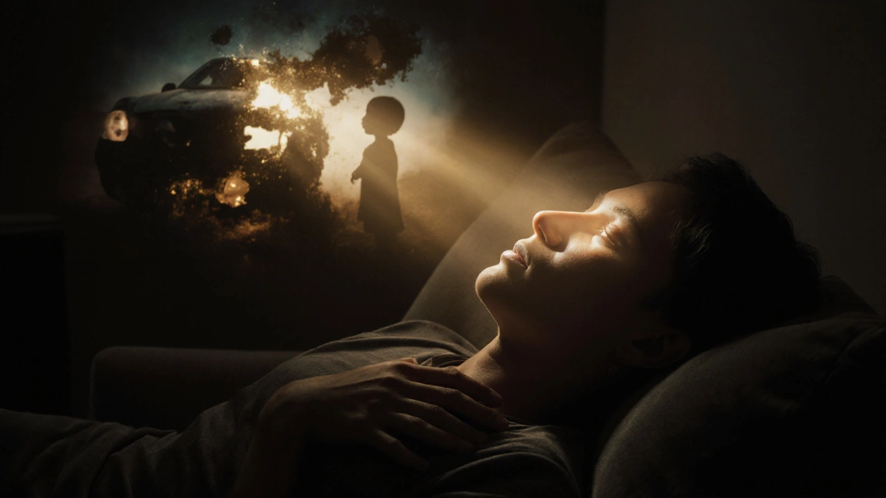 Человек на кушетке, с закрытыми глазами, свет проникает сквозь тени прошлого, символизируя переработку травмы.