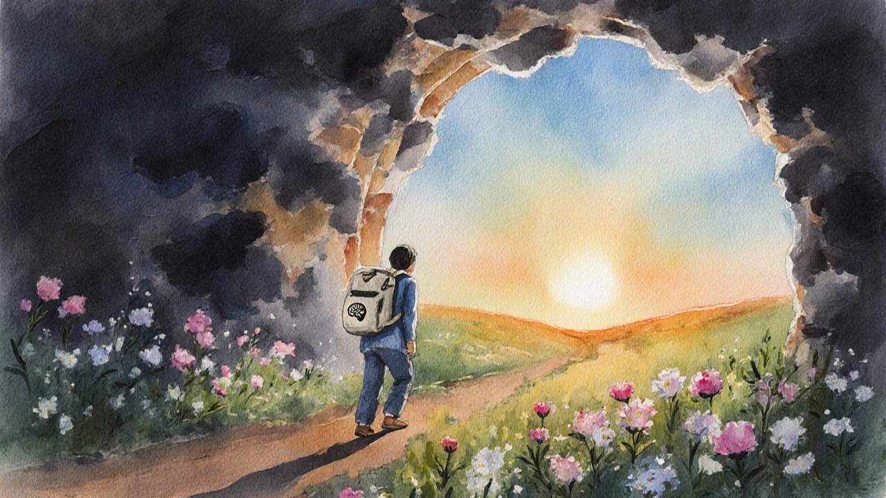 Человек выходит из темного туннеля в светлую лужайку, символизируя рост и исцеление.