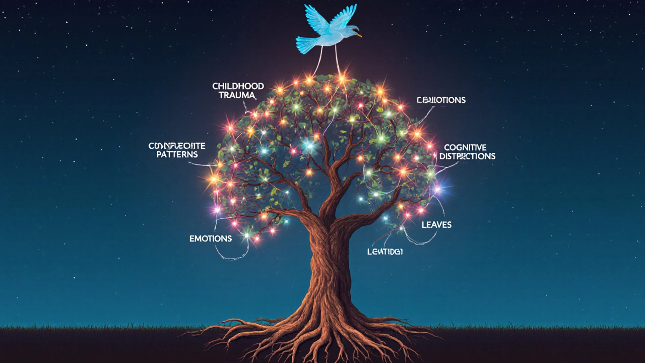 Дерево с корнями, стволом и ветвями, отражающими различные аспекты психологии и человеческого развития.