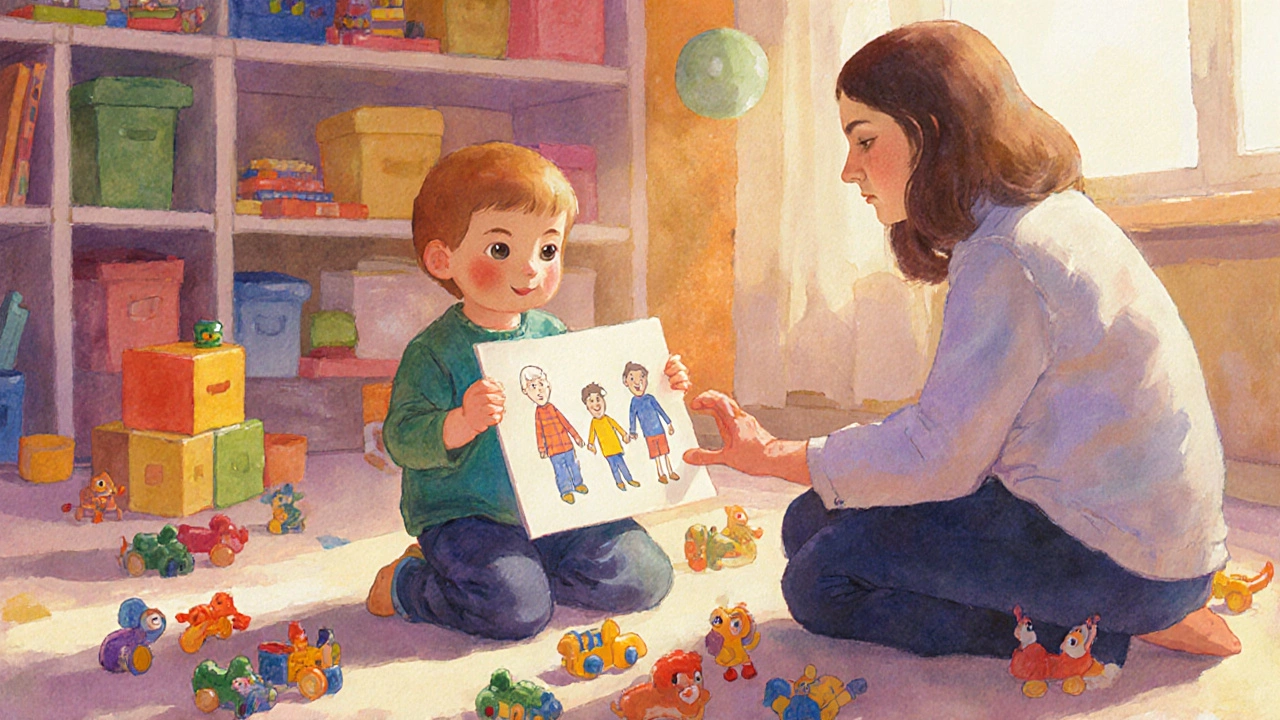 Детский психолог играет с мальчиком, используя рисунок как способ общения.