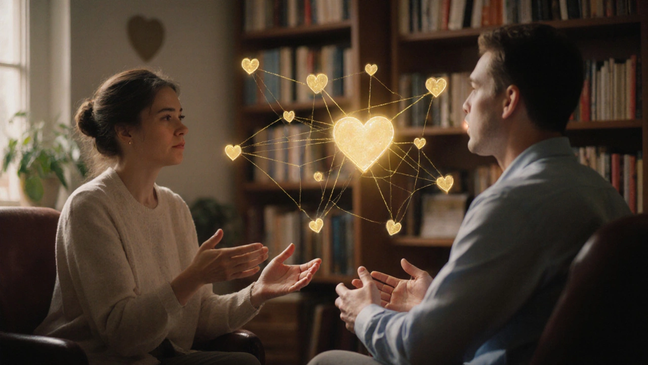 Два человека в кабинете терапевта, между ними — тонкие световые нити, олицетворяющие доверие и связь.