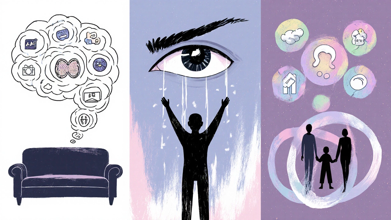 Коллаж, иллюстрирующий основные методы психотерапии: КПТ, психоанализ, ЭМДР, семейная и гуманистическая терапия.