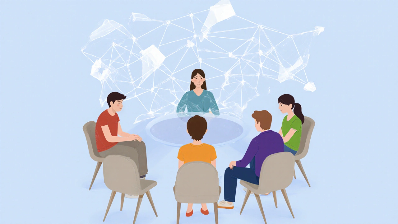 Семья сидит вместе с психологом, их позы показывают напряженные отношения.