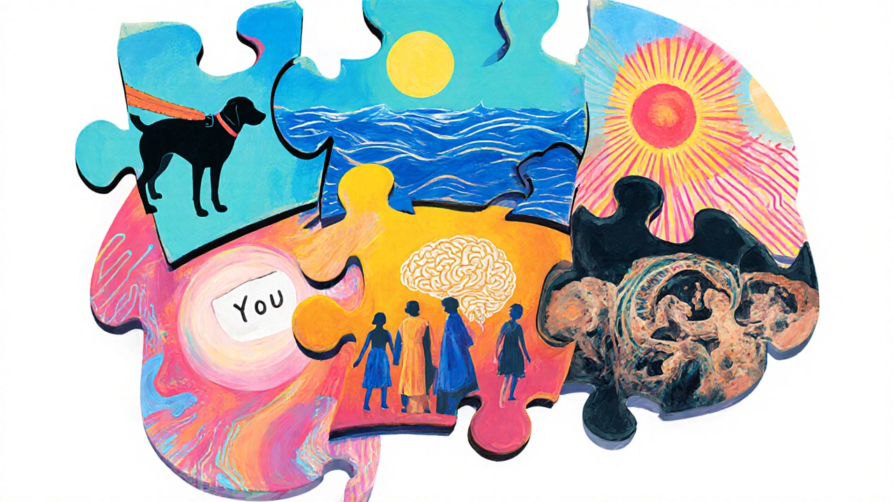 Семь разнообразных пазлов, представляющих ключевые направления психологии, соединяющиеся в целое.