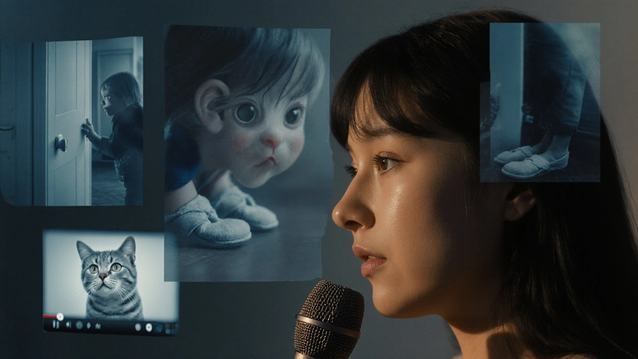 Женщина плачет, говоря о своих скрытых мыслях, вокруг неё — символы внутренних страхов.