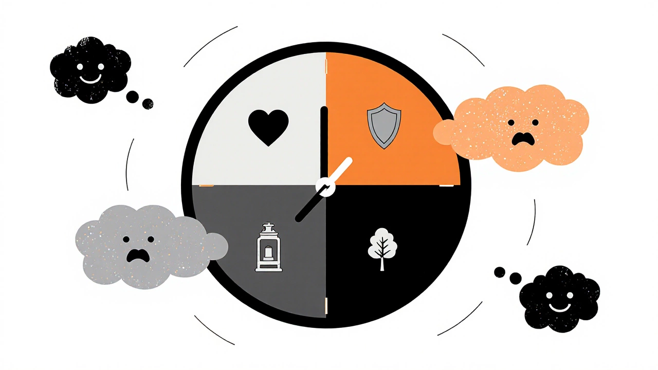 Часы с четырьмя этапами терапии, обозначенными символами, парящие в воздухе.