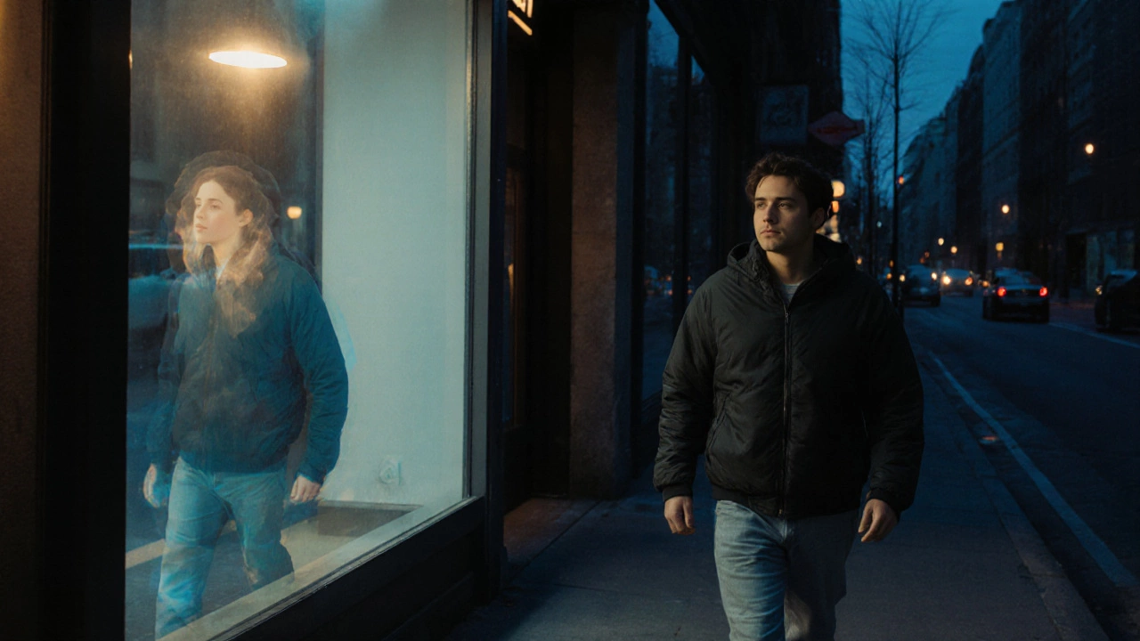 Человек идет по улице в сумерках, в отражении окна — светящаяся версия себя.