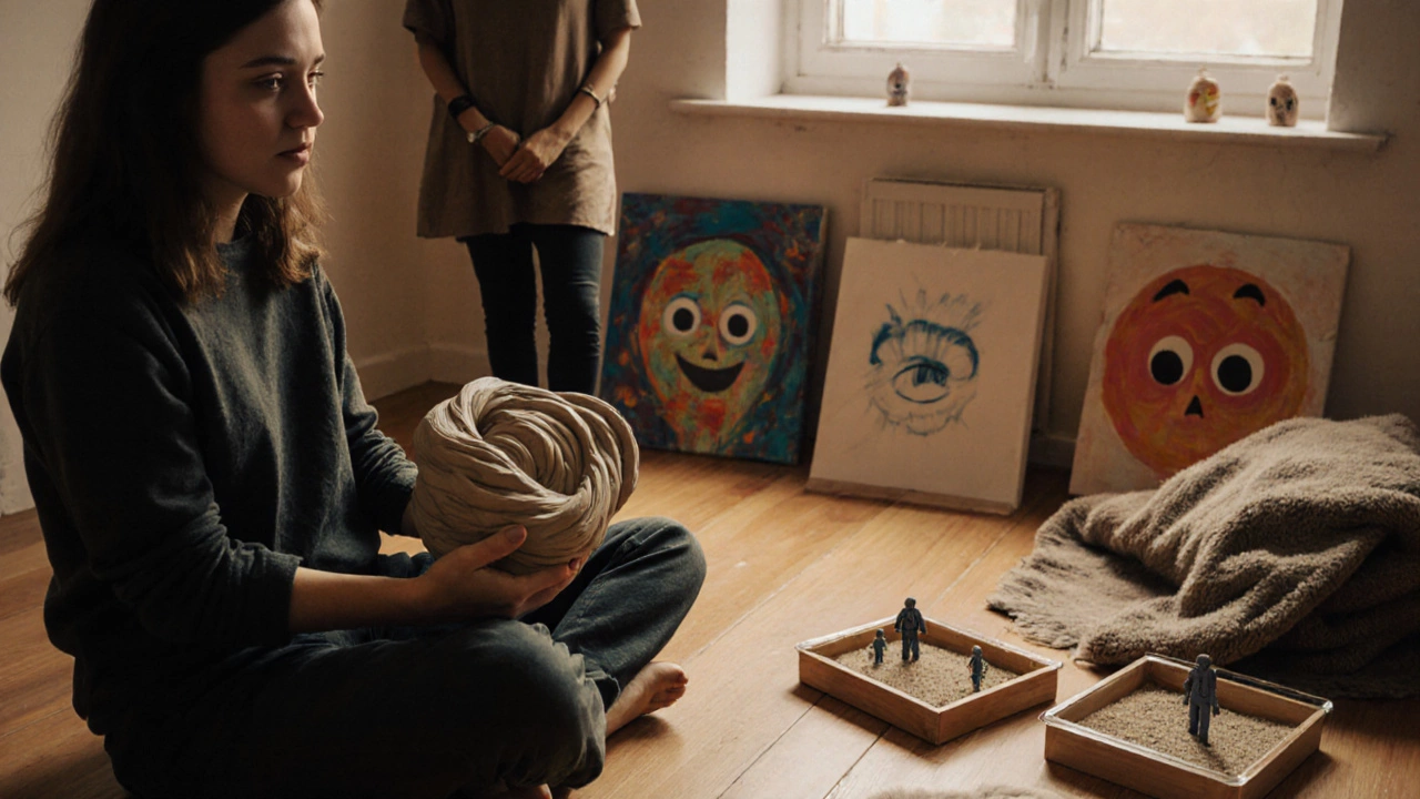 Человек лепит из глины во время арт-терапии, вокруг — картины и песочные лотки, атмосфера тишины и самовыражения.