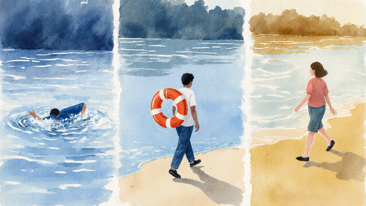 Человек на берегу реки, показывающий три этапа: падение, плавание и уверенную ходьбу.