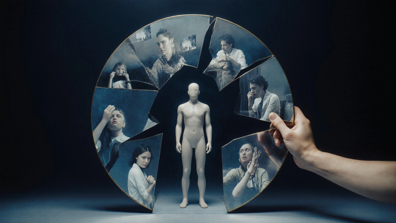 Человек перед разбитым зеркалом, отражающим разные эмоциональные состояния, с рукой терапевта, предлагающей поддержку.