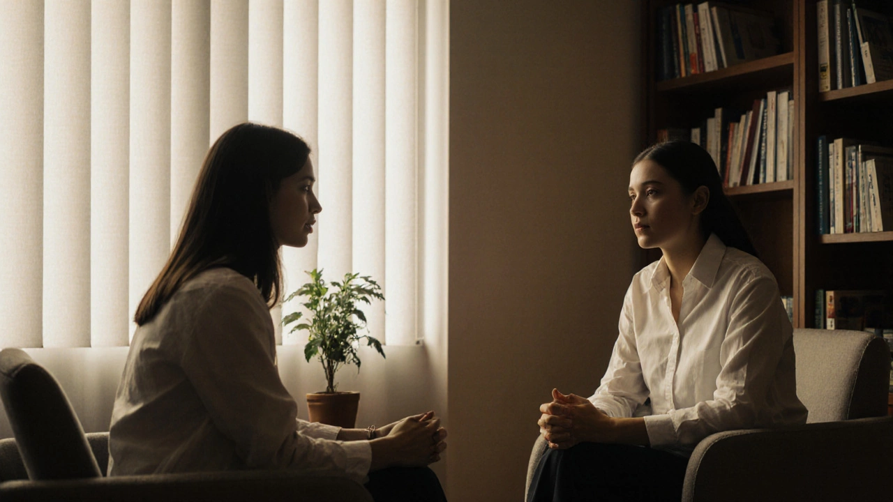 Человек сидит с психологом в тихой комнате, солнечные полосы на полу, руки сложены, молчание между ними.