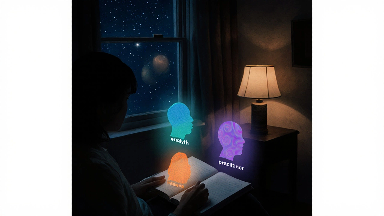 Человек смотрит на дневник, вокруг которого мягко светятся четыре психологических типа.