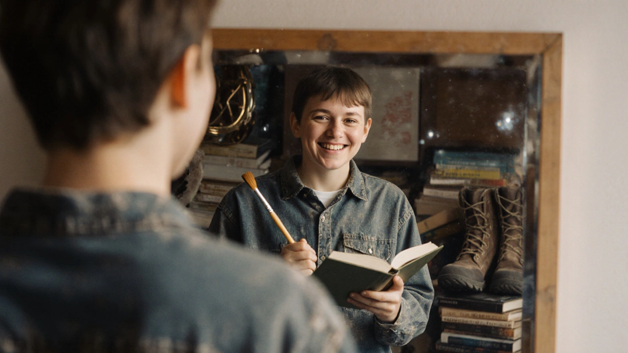 Человек смотрит в зеркало, где его отражение — более счастливая версия себя с хобби.