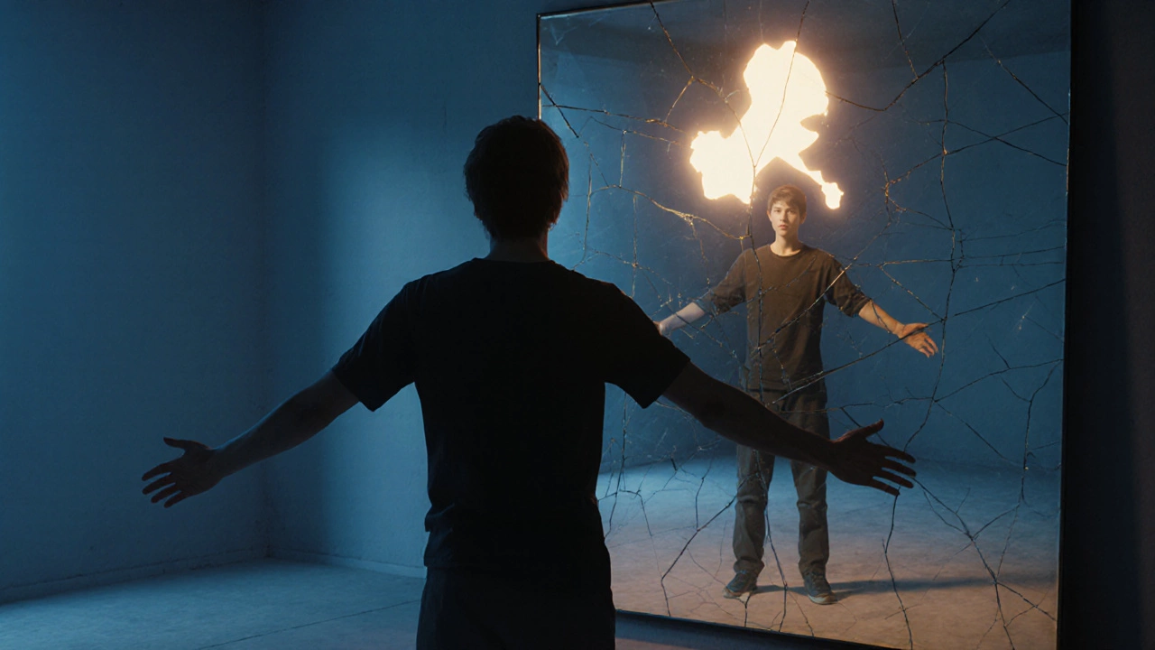 Человек стоит перед светящейся разорванной формой — символ незавершенного гештальта, отражающийся в треснутом зеркале.