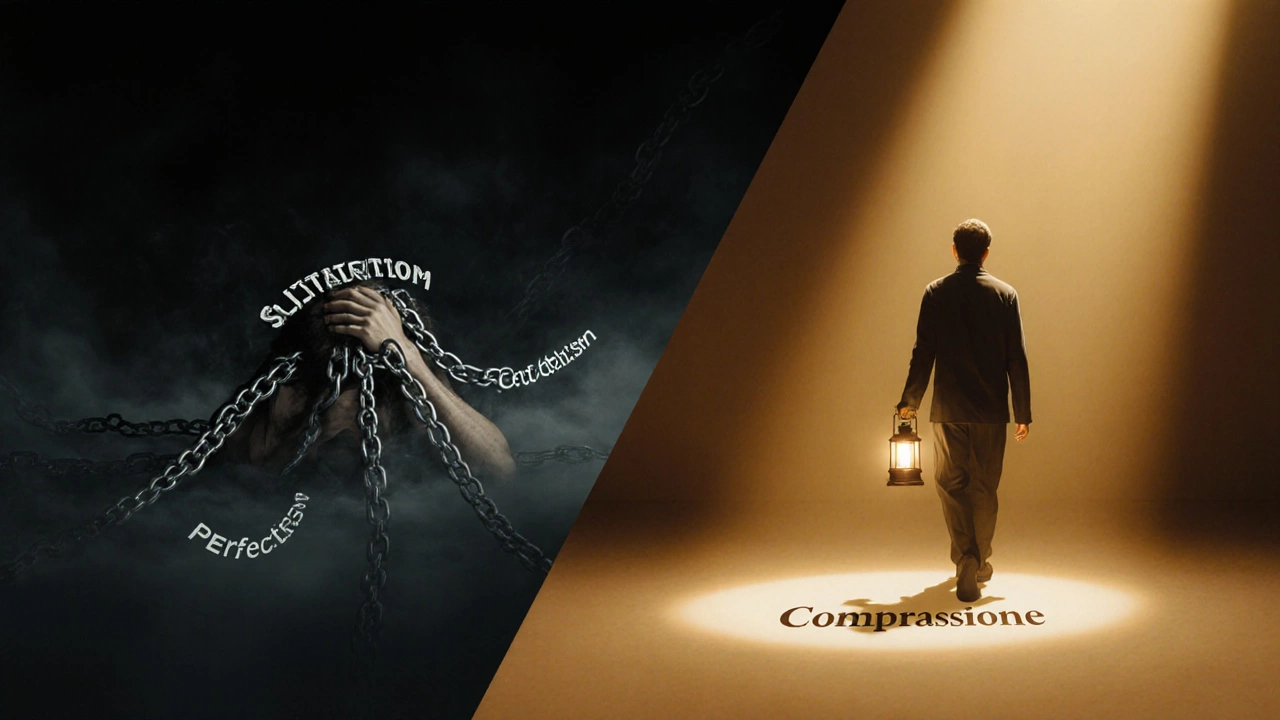 Человек в цепях самокритики слева, идущий к свету сострадания справа.