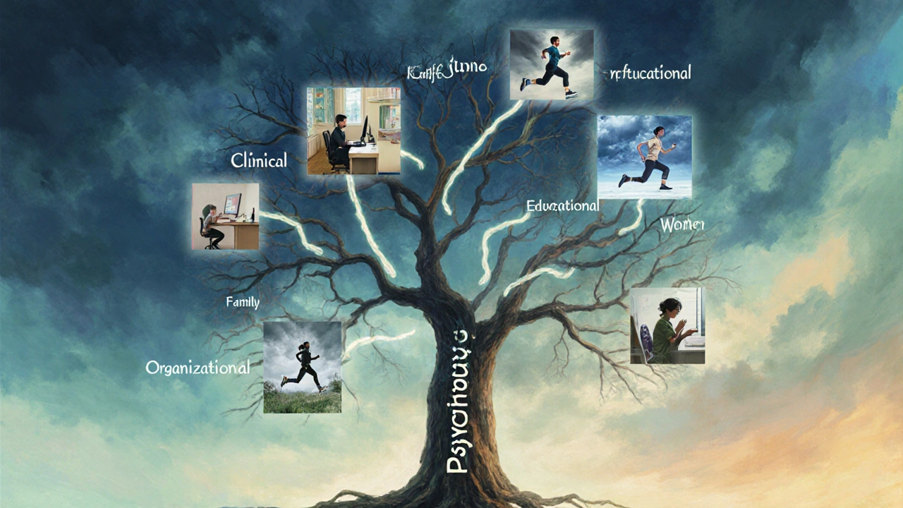 Дерево с ветвями, представляющими разные направления психологии.