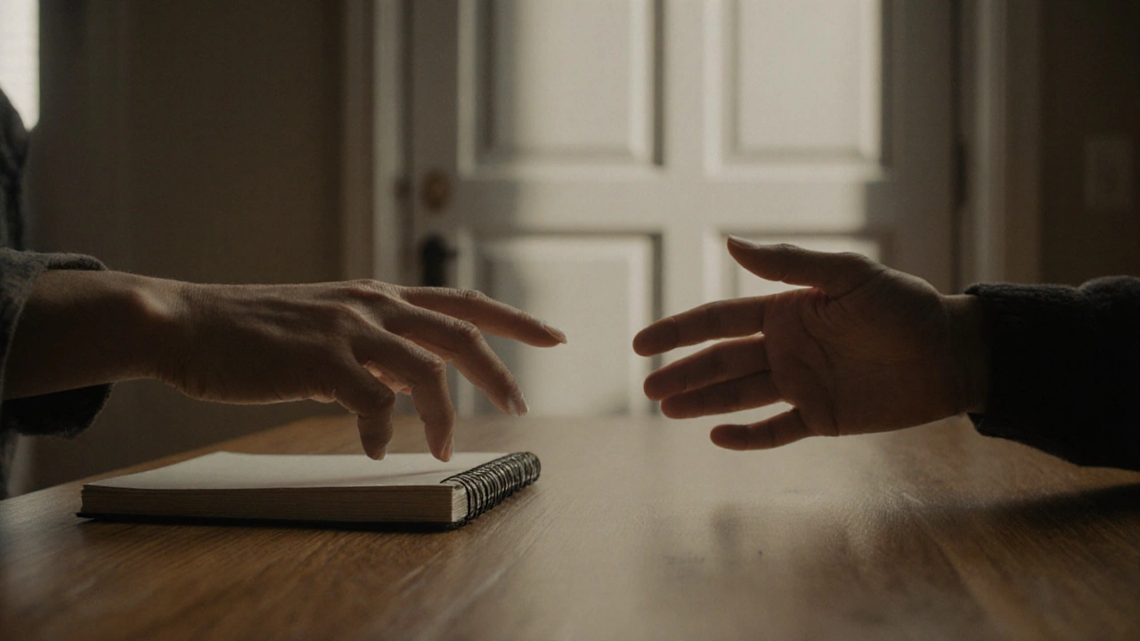 Две руки, тянущиеся друг к другу за столом, символизируют уязвимость и связь в терапии.