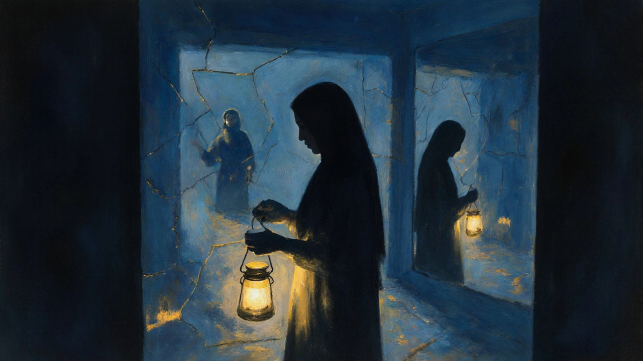 Фигура с фонариком на фоне разбитых зеркал — метафора внутреннего поиска и самопознания.