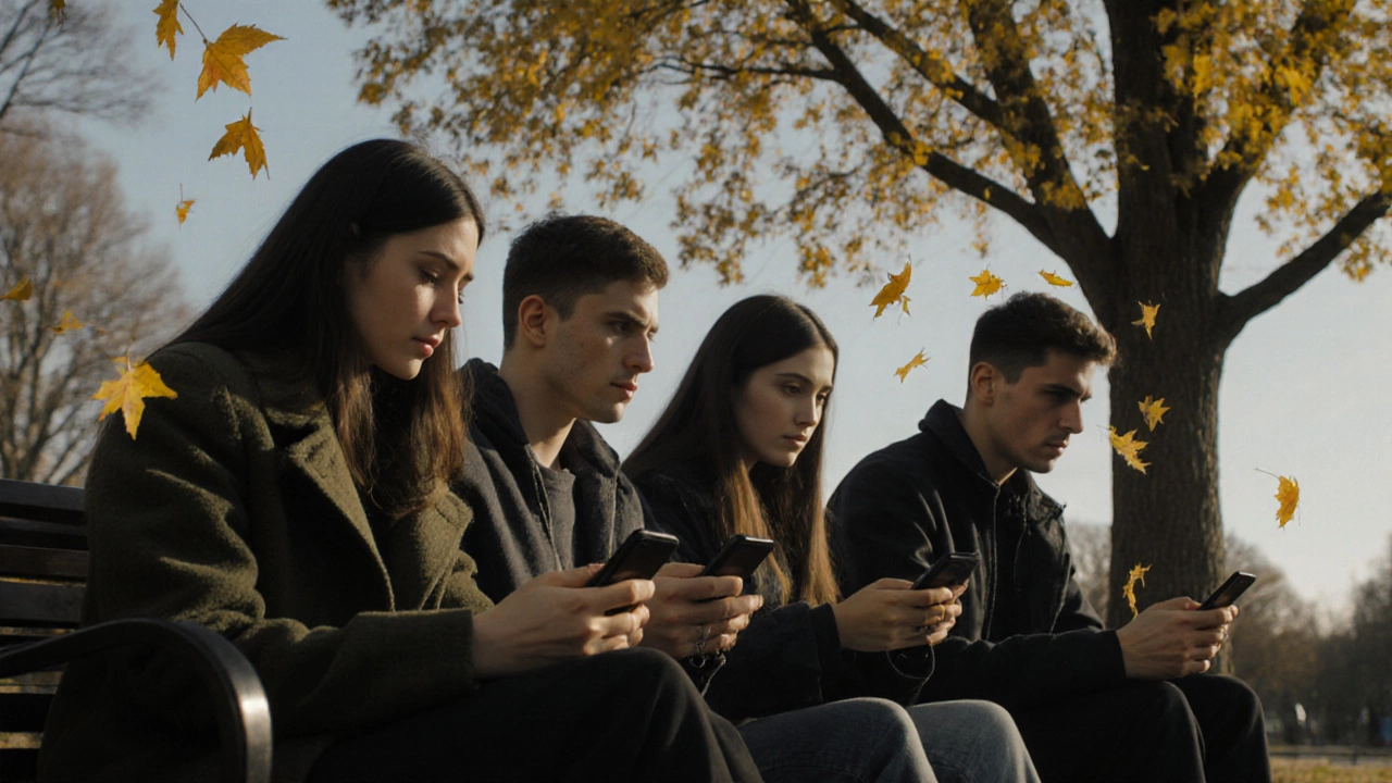 Молодые люди на скамейке в парке, каждый погружён в свои мысли, осенние листья падают вокруг, атмосфера усталости и одиночества.