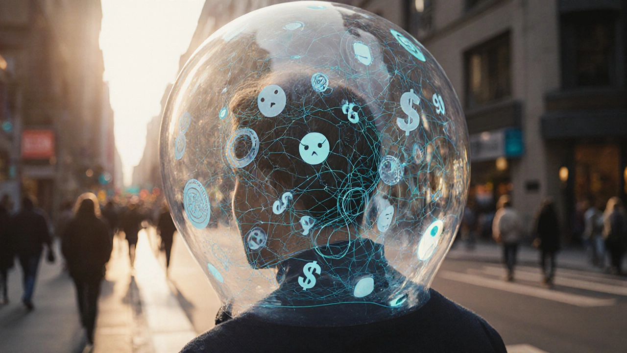 Прозрачная голова человека, внутри которой визуализированы когнитивные искажения в виде абстрактных символов.