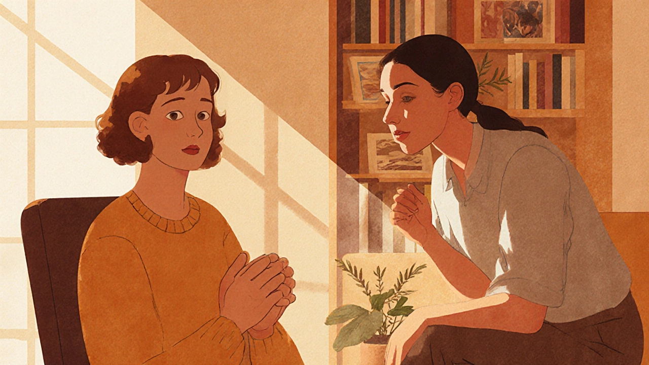 Психолог и клиент в комнате терапии, создавая атмосферу доверия и спокойствия.