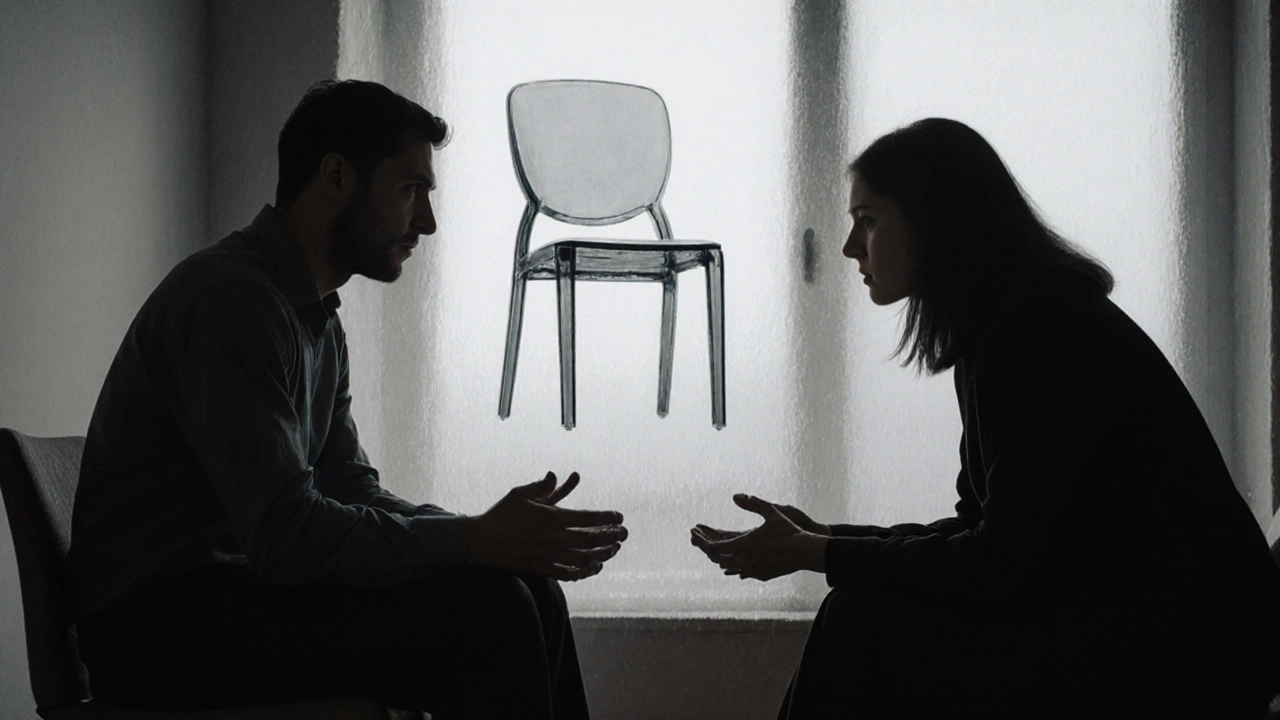 Психотерапевт и клиент в молчании, пустой стул в воздухе символизирует незавершённое.