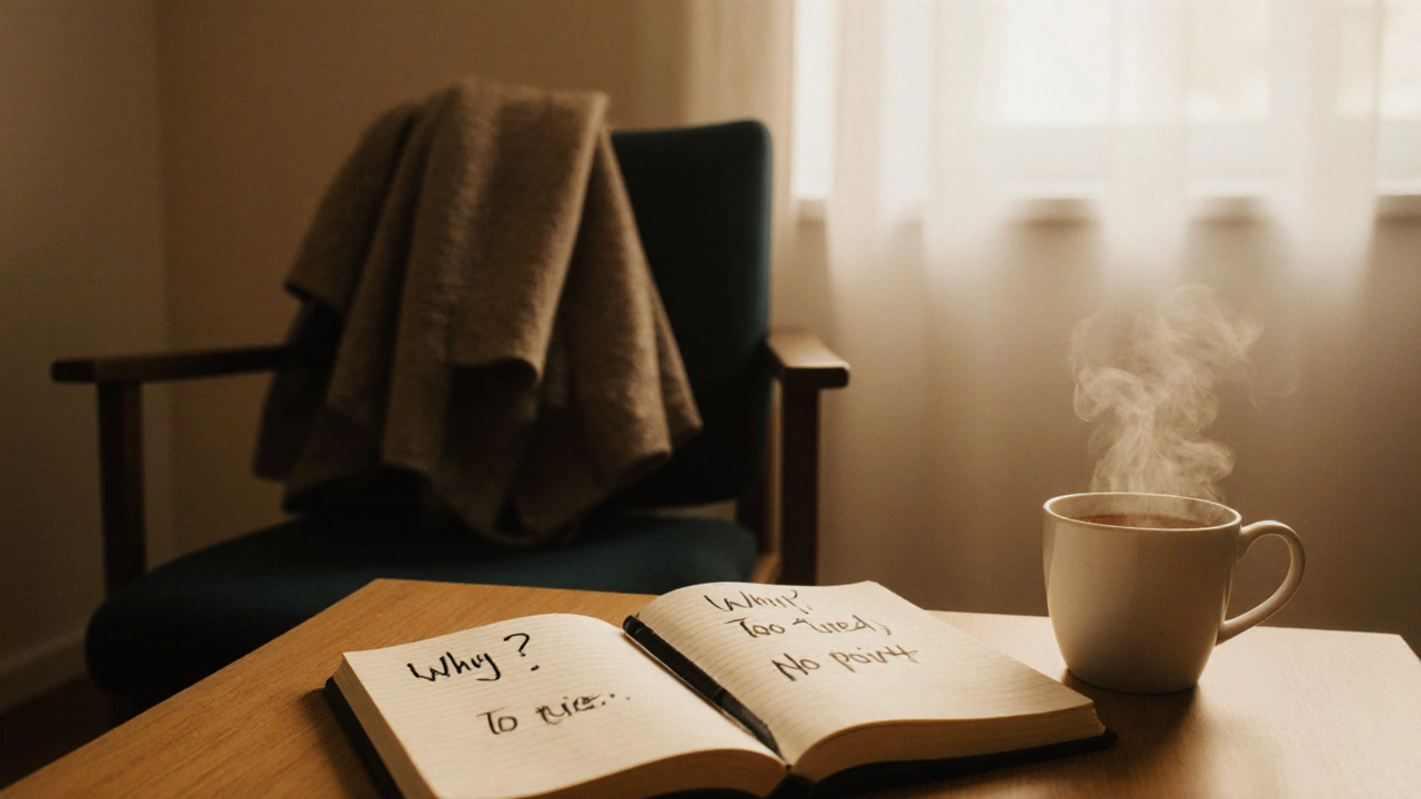 Пустое кресло в кабинете психолога, открытая тетрадь с записями, чашка чая дымится, пальто на спинке.