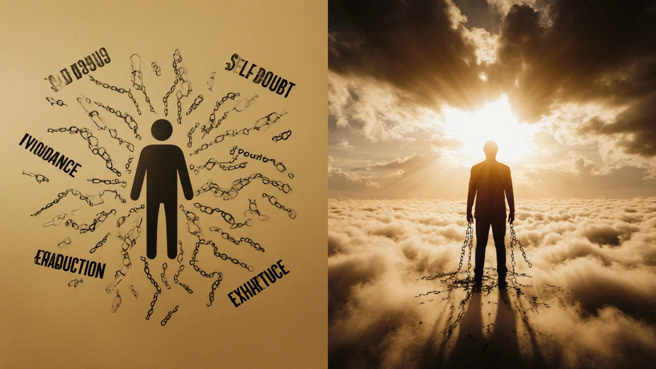 Разделённая сцена: слева — человек в цепях эмоционального груза, справа — тот же человек, освобождённый и освещённый светом.