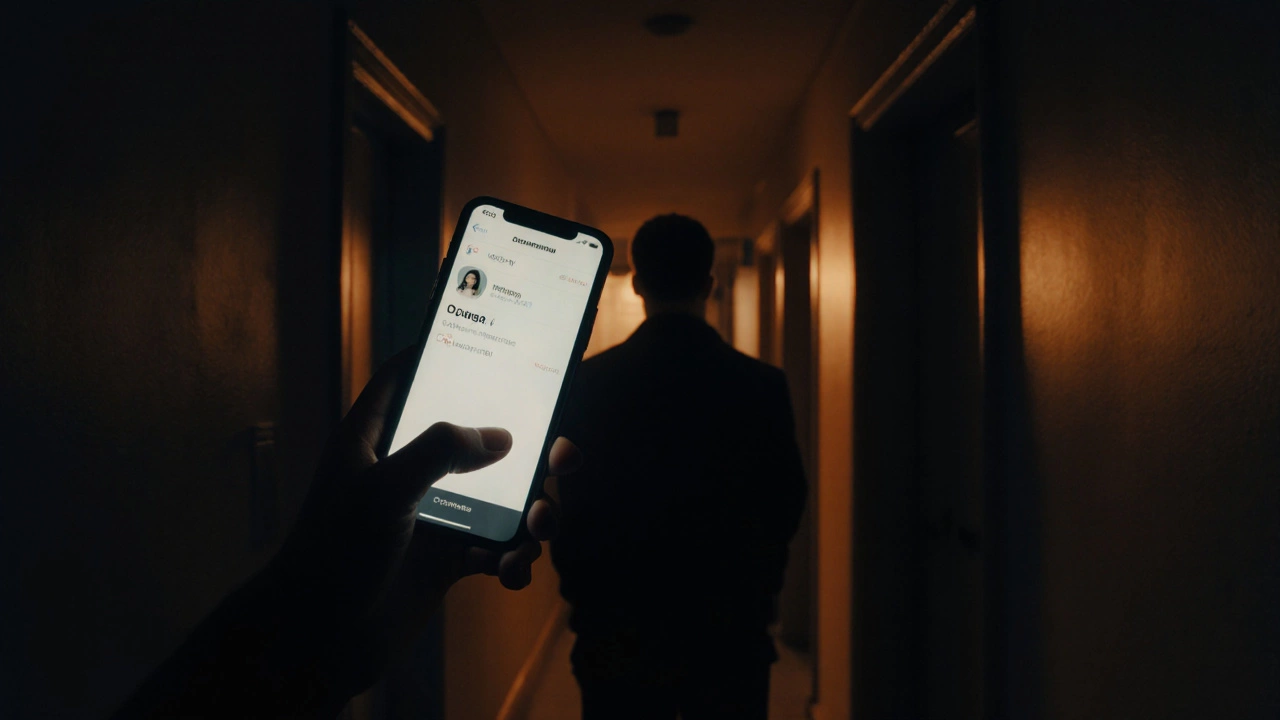 Рука дрожит над телефоном с контактом друга, стоя в темном коридоре, спиной к зрителю.