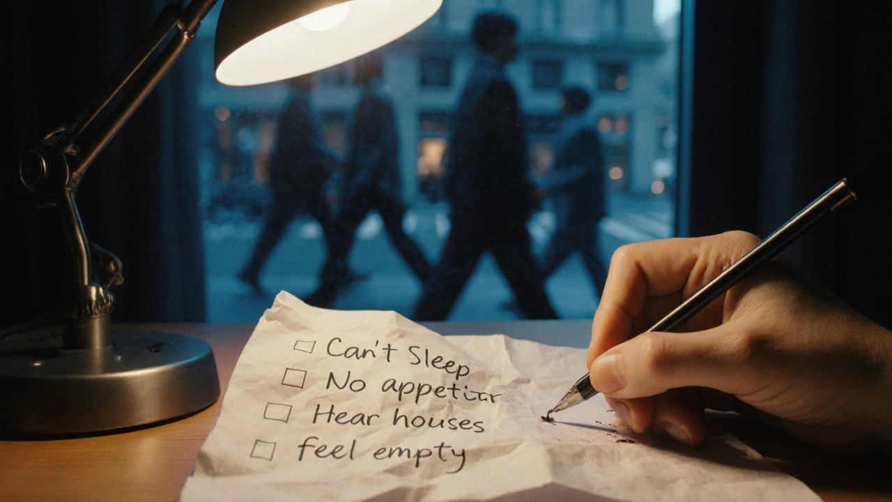 Рука пишет на бумаге симптомы: бессонница, отсутствие аппетита, голоса.