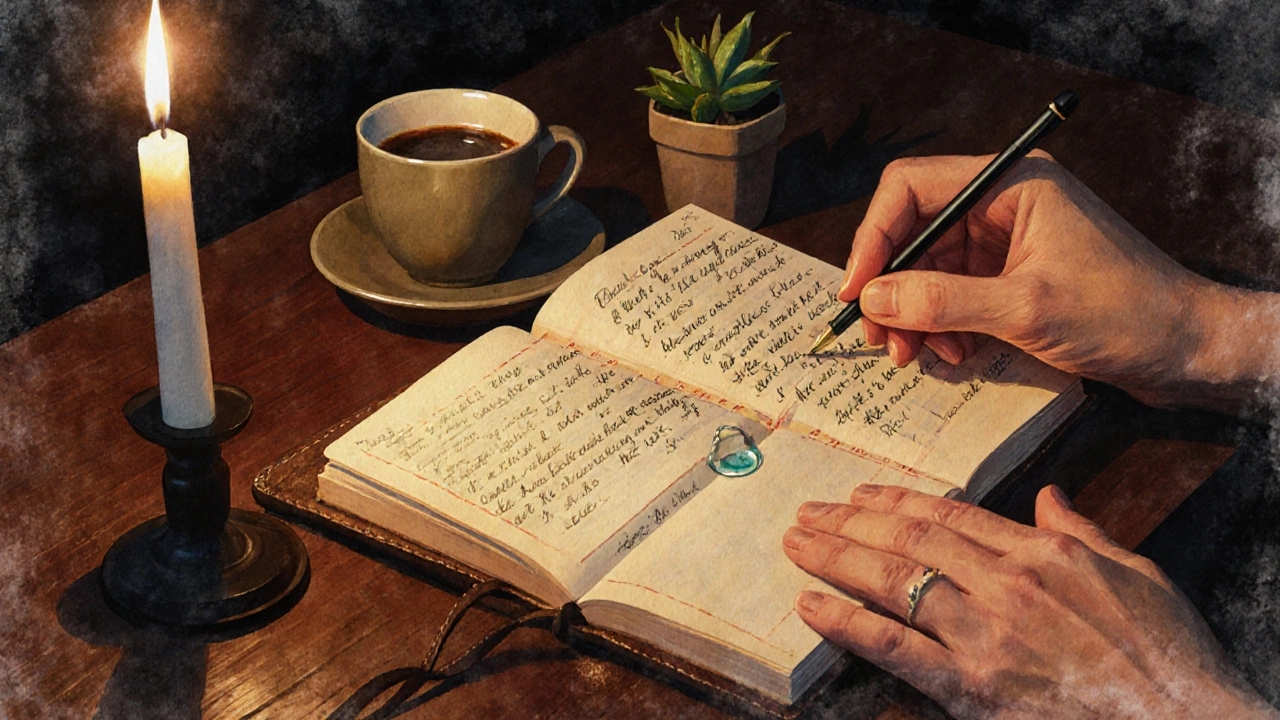Рука пишет в дневнике при свете свечи, рядом чашка кофе и растение.