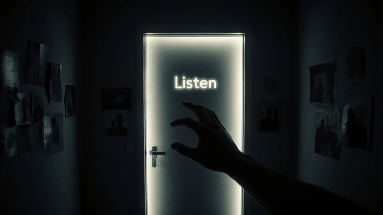 Рука тянется к двери с надписью &#039;Слушай&#039; в темном коридоре, из которой исходит свет.