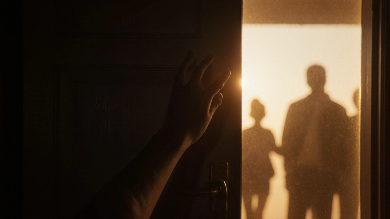 Рука тянется к закрытой двери, за которой виднеется свет, остальные фигуры исчезают.