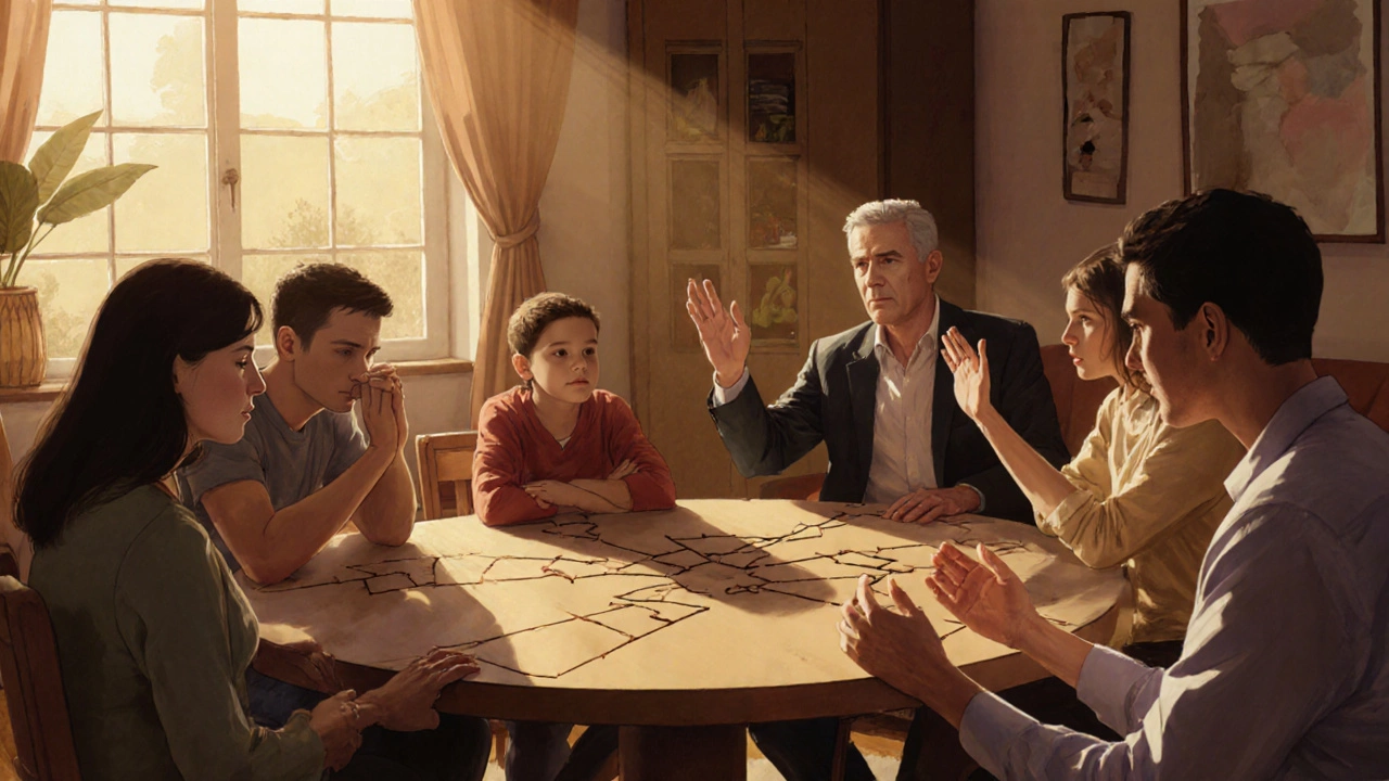 Семья за столом с психологом, попытка восстановить связь после конфликта.