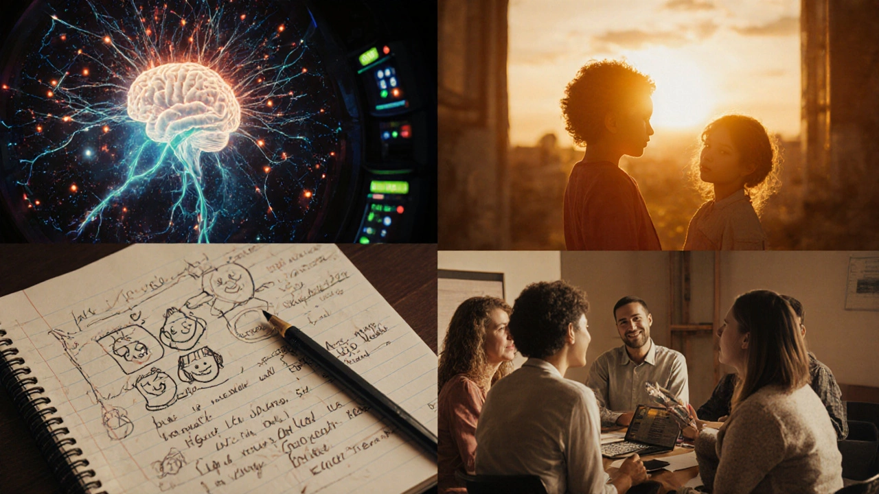 Символическое изображение науки о психике: мозг, эмоции, дети и люди в диалоге.