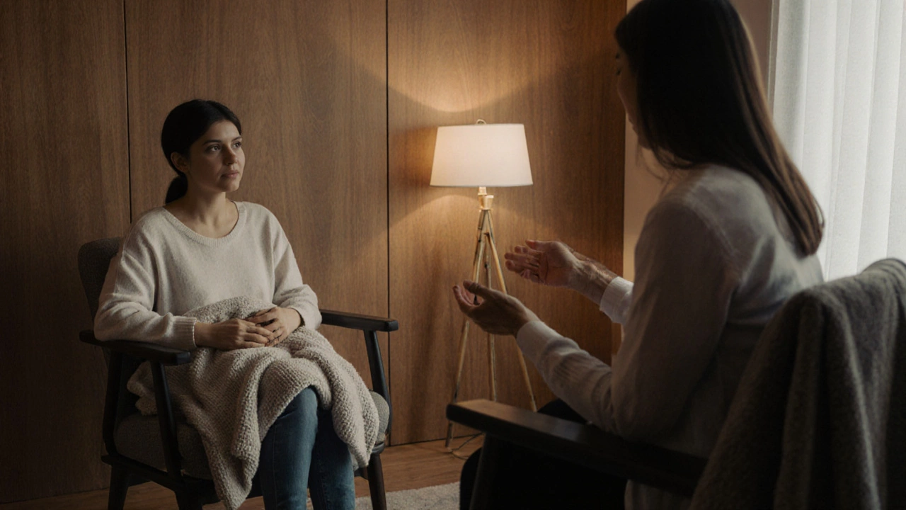 Терапевт и клиент в спокойной комнате, сидят напротив друг друга, атмосфера доверия и уюта.