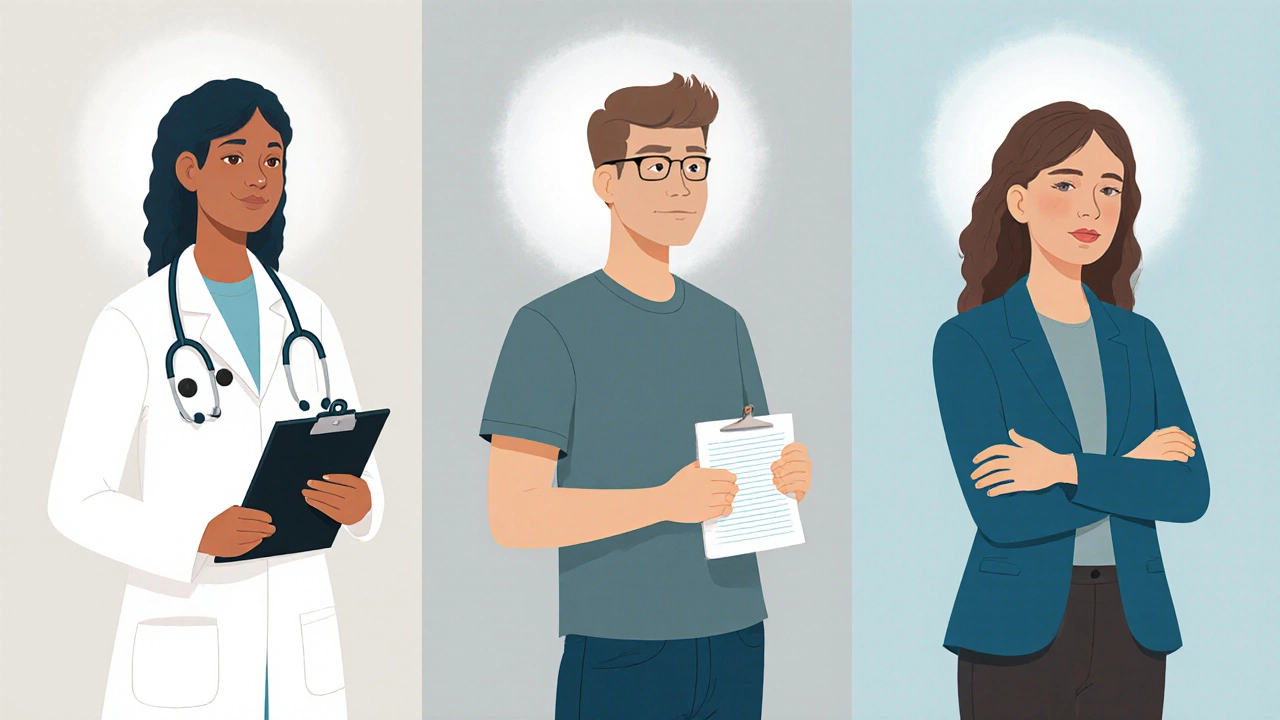 Три специалиста: психиатр, психолог и психотерапевт, каждый в своей зоне света.