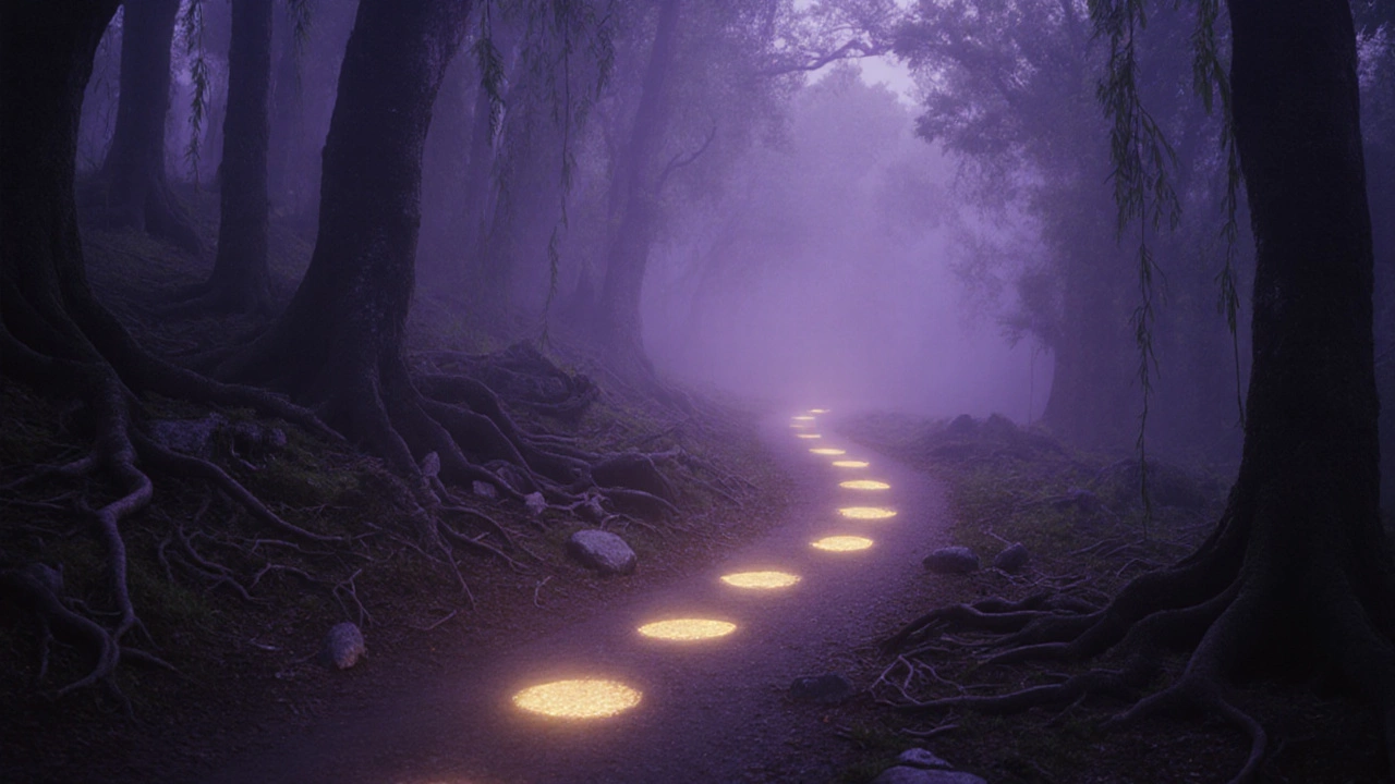 Тропа в туманном лесу с мягким светом шагов, символизирующая путь к исцелению.