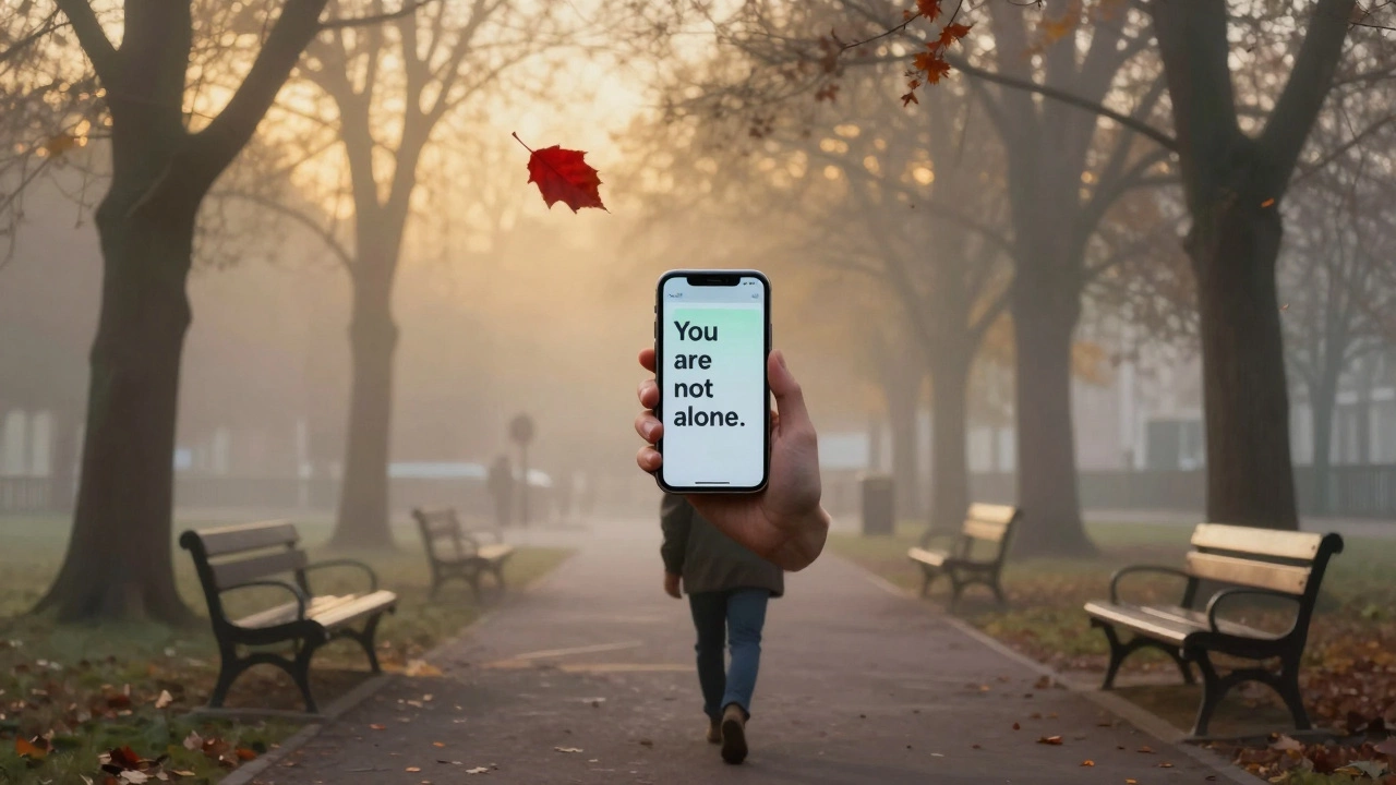 Человек гуляет в парке на рассвете, на экране телефона — сообщение 'Ты не один', вокруг туман и падающий лист.