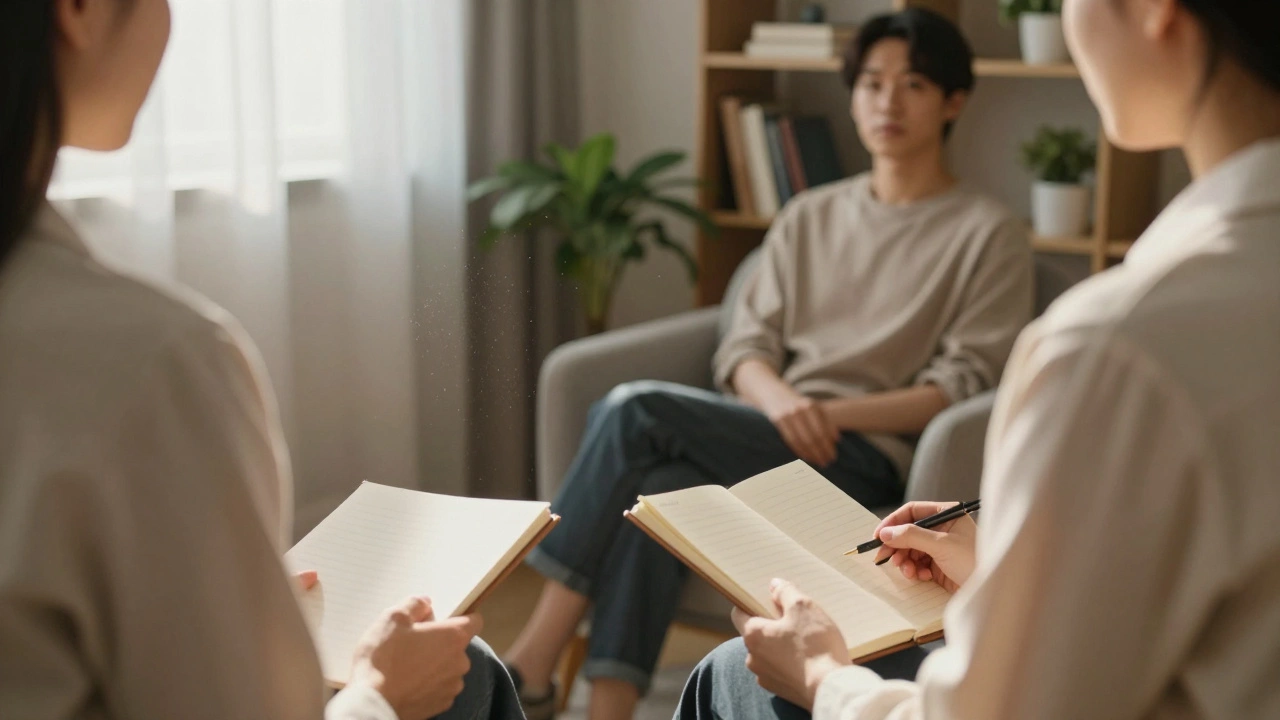 Человек и психолог сидят вместе в спокойной комнате, солнечный свет и тишина создают ощущение безопасности.