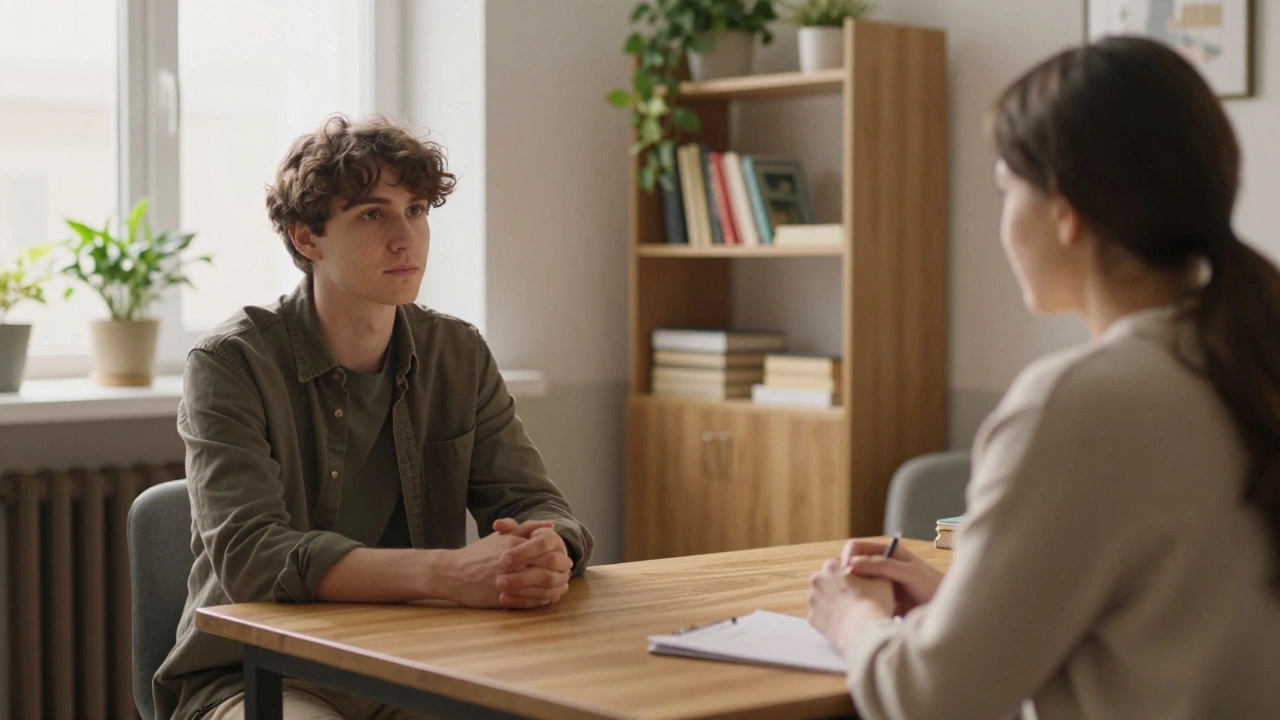 Человек и психолог сидят за столом в уютном кабинете, светит утреннее солнце, атмосфера спокойствия.