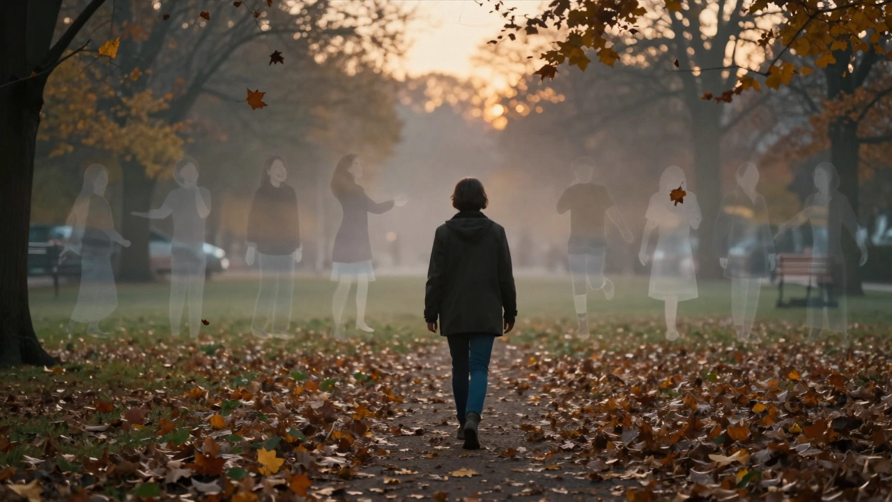 Человек идет по парку, за ним исчезают тени его прошлых selves.