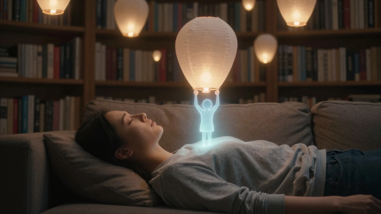 Человек на кушетке, из груди исходят прозрачные воспоминания, уходящие вверх, как бумажные фонарики, в спокойной комнате.