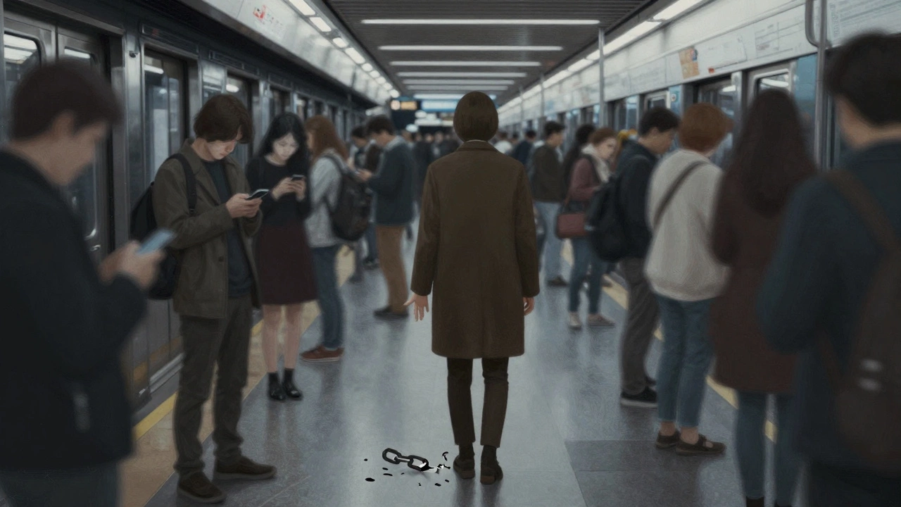 Человек одиноко стоит в переполненном метро, все вокруг смотрят в телефоны.