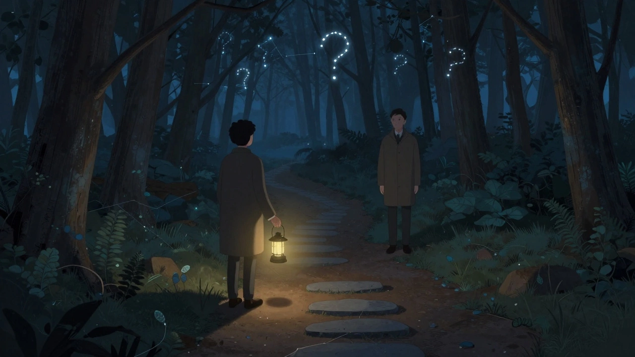 Человек со светильником на краю леса, за ним — спокойная фигура, не ведущая, а просто сопровождающая.