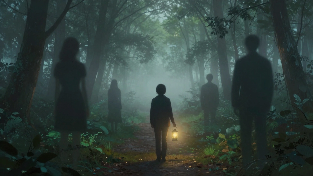 Человек стоит на краю туманного леса, держа фонарь, тени прошлого растворяются в мгле.