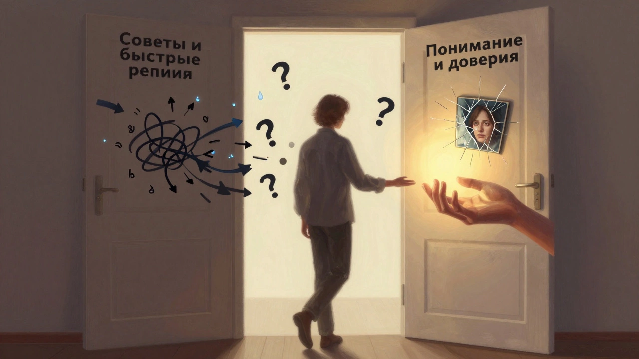 Человек стоит у порога между двумя путями: один — быстрые советы, другой — глубокое понимание и доверие.