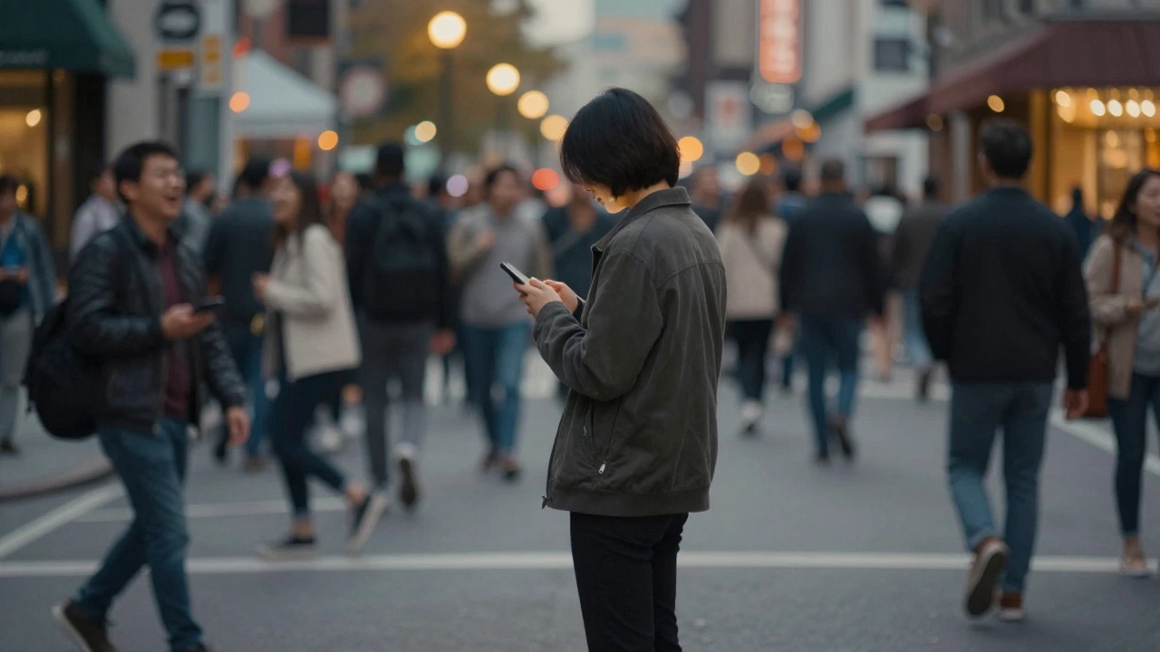 Человек стоит в толпе, но чувствует себя одиноко, остальные размыты.
