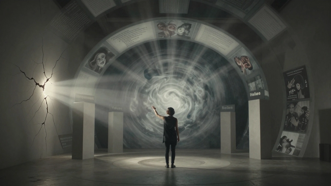 Человек в центре круговой камеры, окруженной вращающимися слоями психических структур, стремящийся к свету.