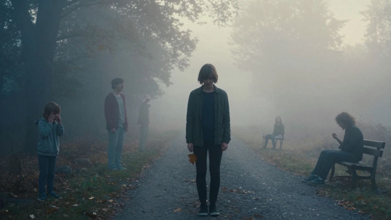 Человек в лесу на рассвете, за ним прозрачные образы прошлых версий себя, туман и утренний свет.